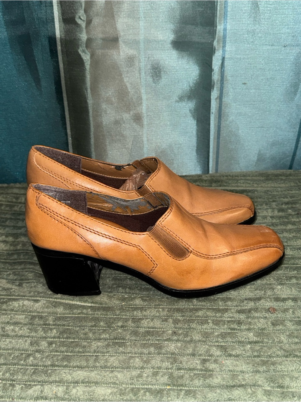 Clarks Cognac Leather Mid Block Heel Slip-On Loafers